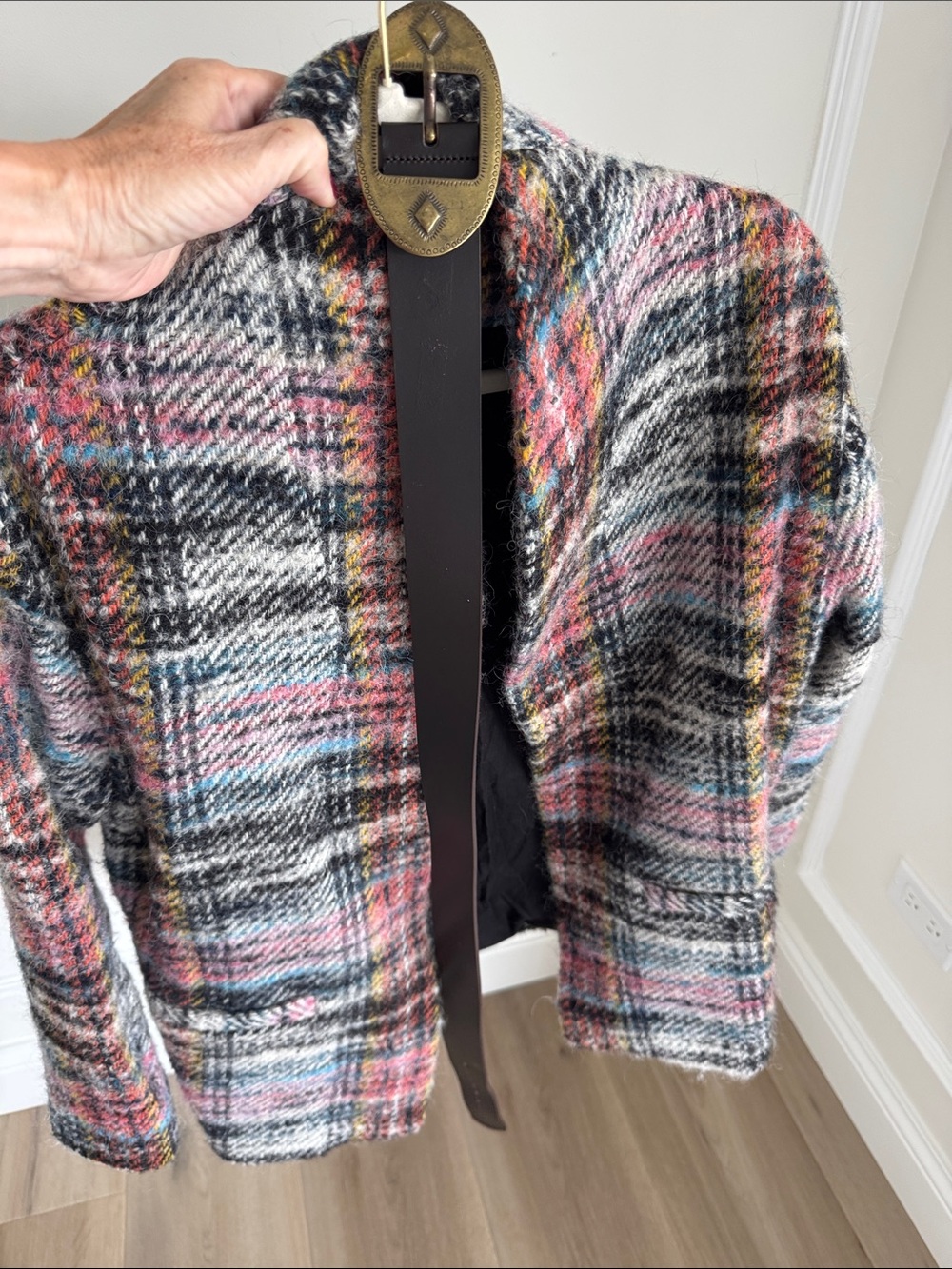 ba&sh Multicolor Plaid Peacoat with Pink and Gray